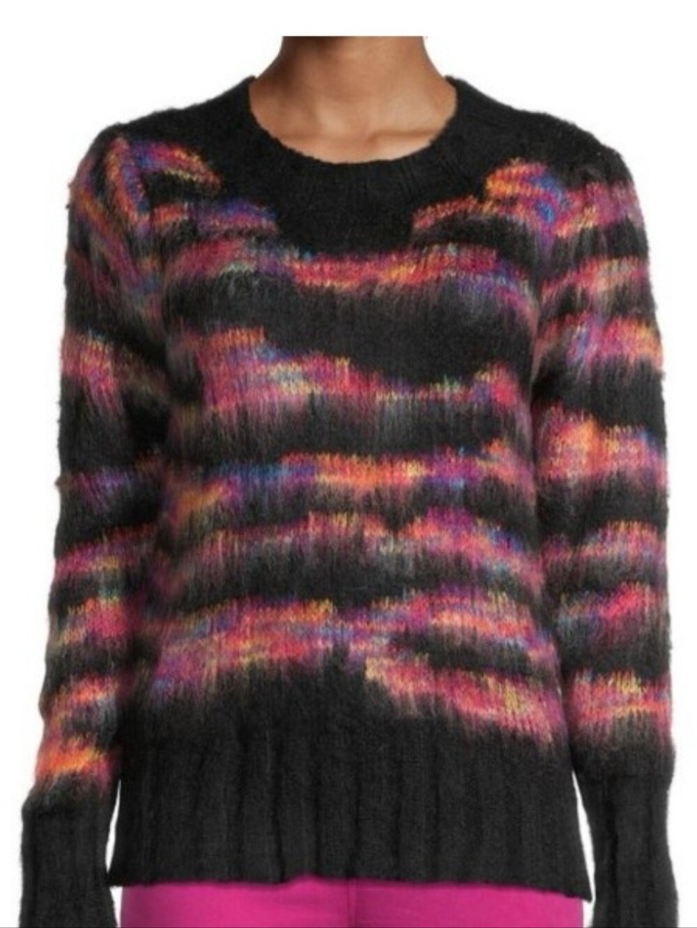 HL AFFAIR NEW YORK Stripe Designer Black Multicolor Fuzzy Sweater Women L